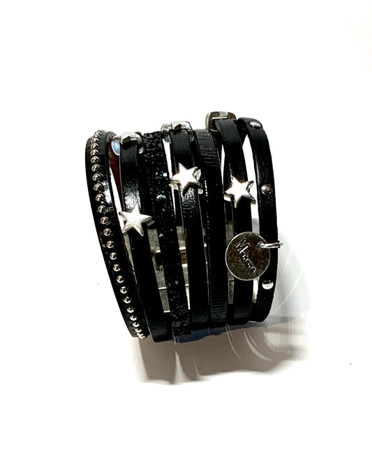 Manchette multi liens en cuir noir  "Lucky Stars"