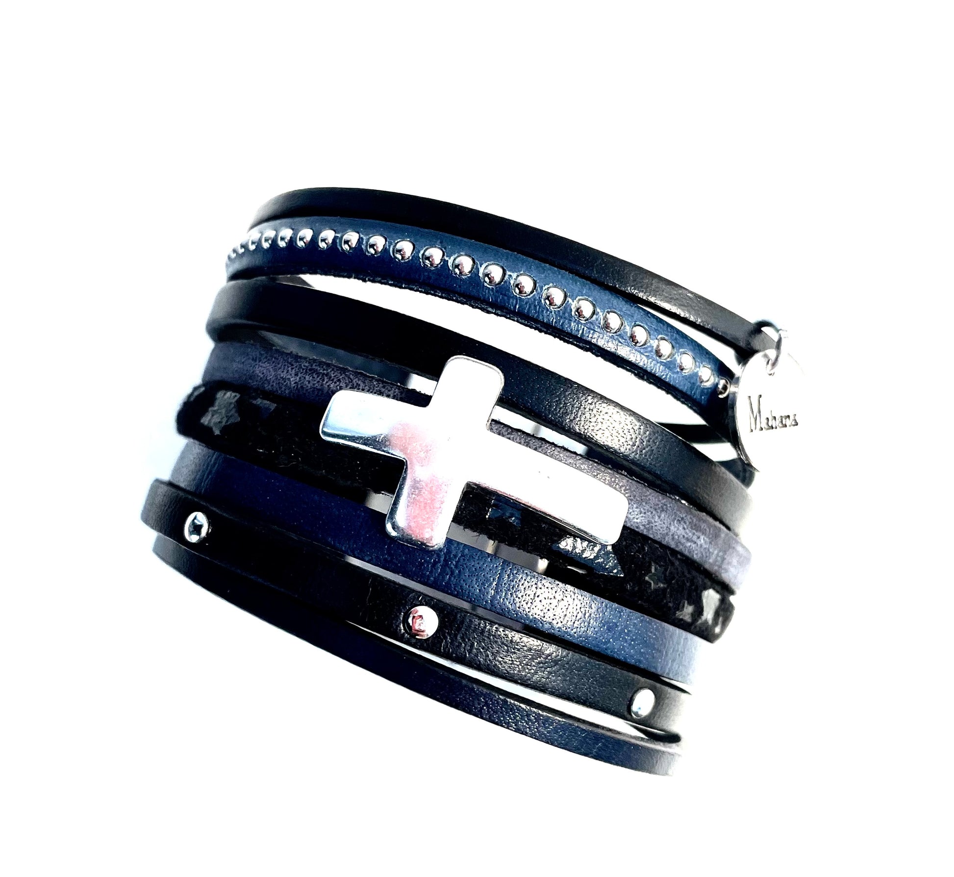 Bracelet multi liens en cuir Cross  "Blue Jean" . - Mahana Bijoux 