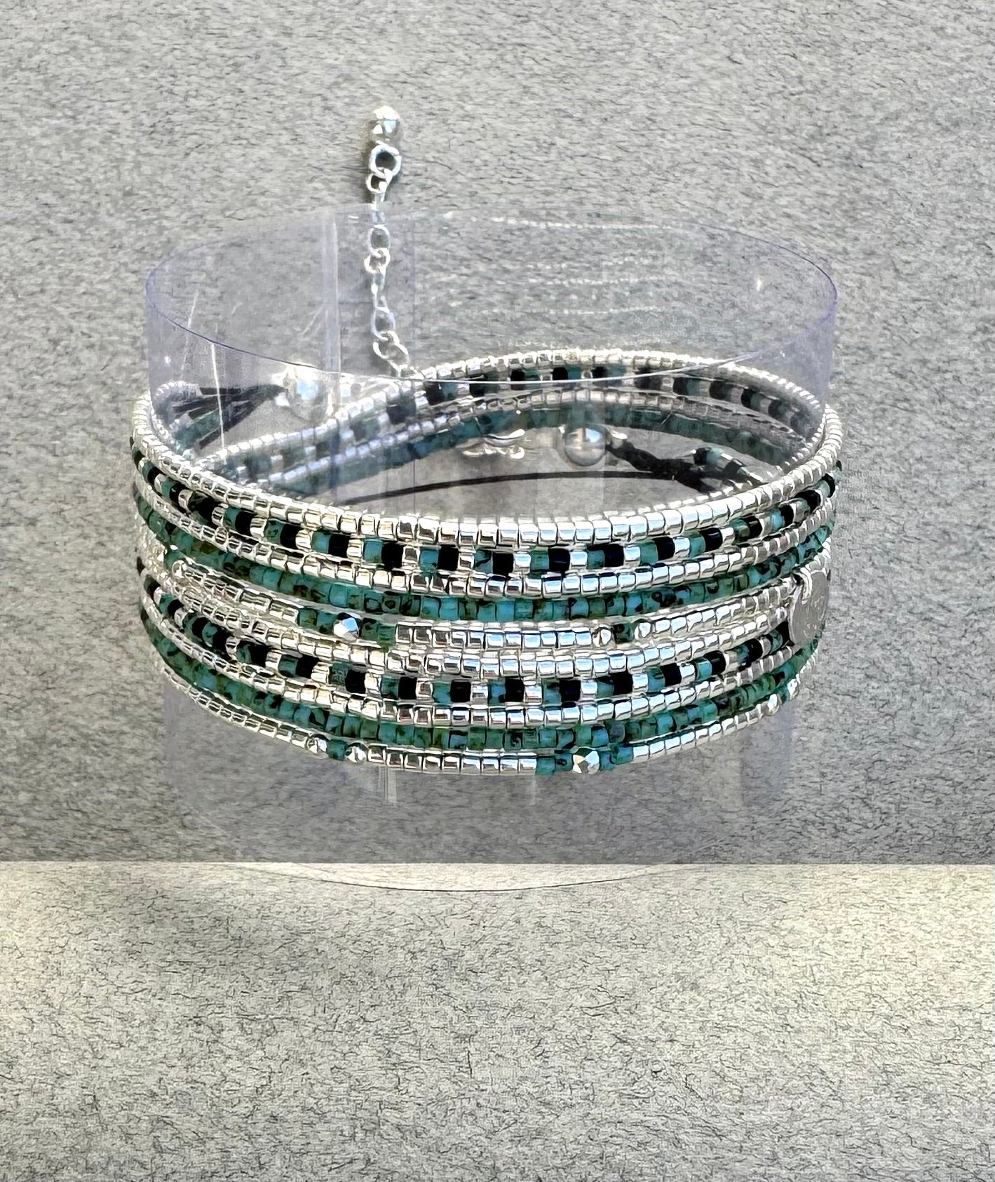 Manchette multi tours en argent -Turquoise-Noir “Le Milos” - Mahana Bijoux 