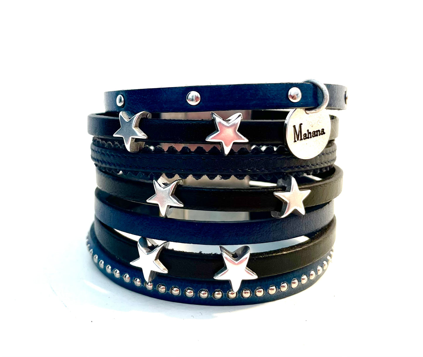 Manchette en cuir Stars "Blue Jean" - Mahana Bijoux 