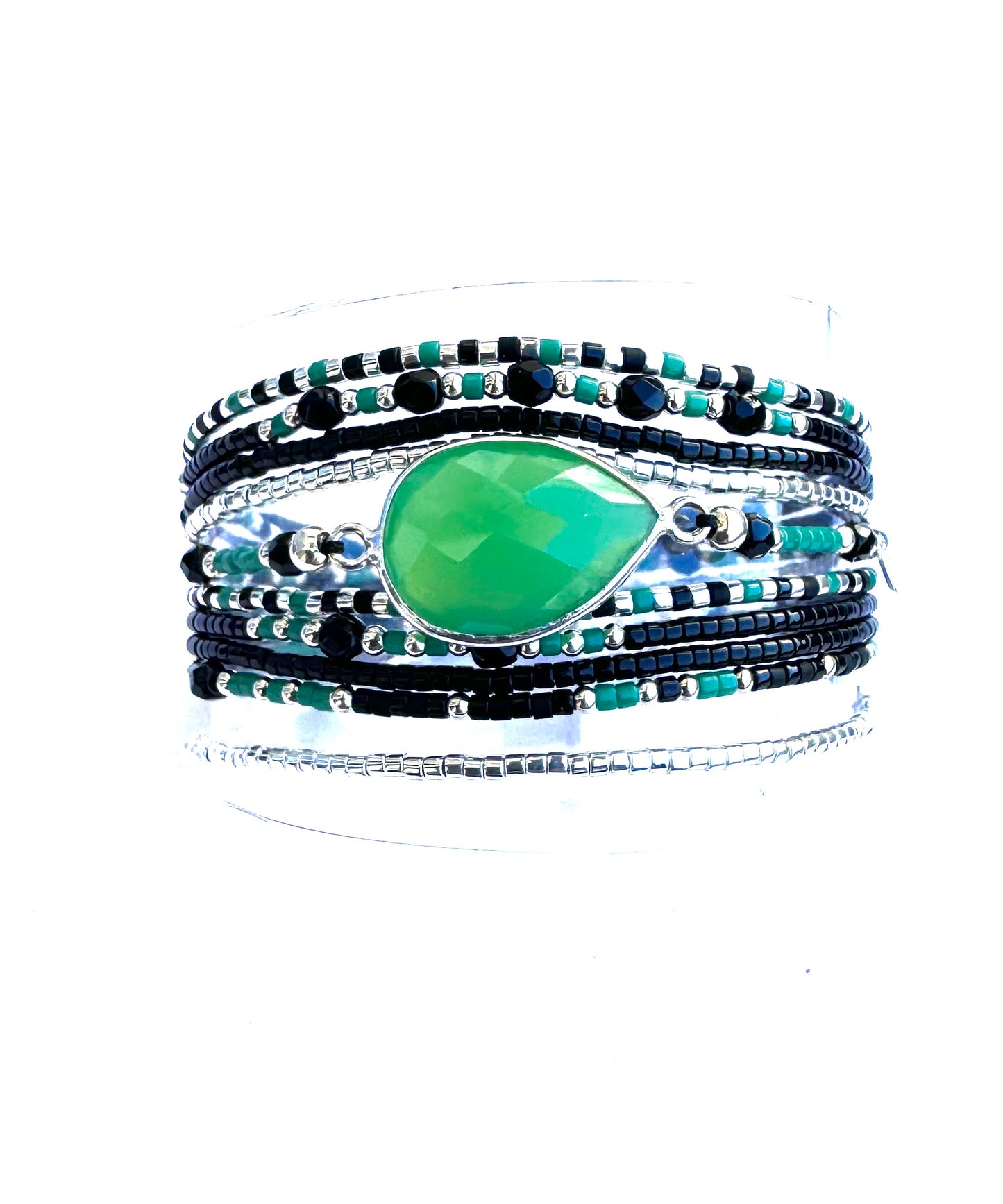 Manchette Multi liens en argent 925  et pierre Chrysoprase "Le Sydney"