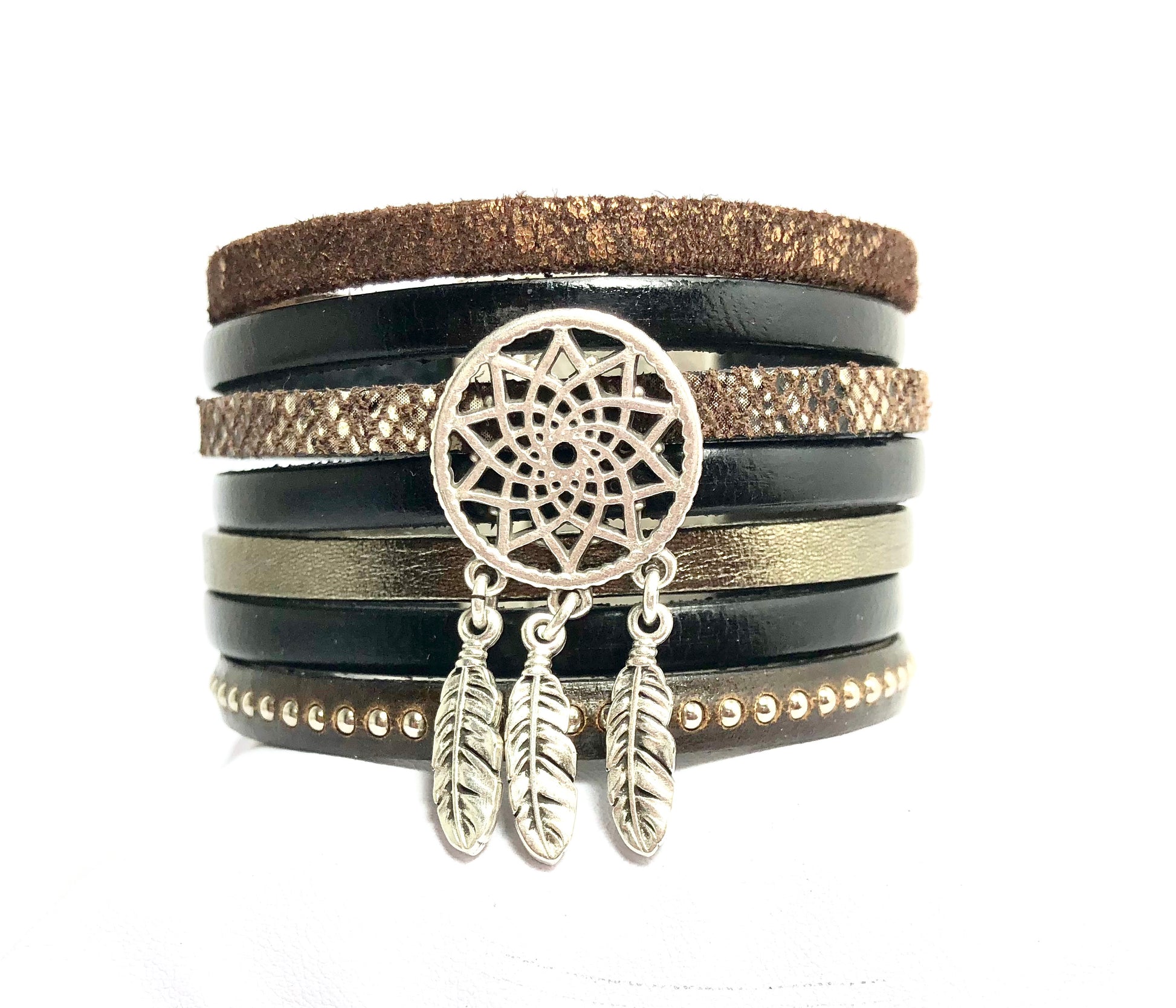 Manchette multi liens en cuir Dreamcatcher - Mahana Bijoux 