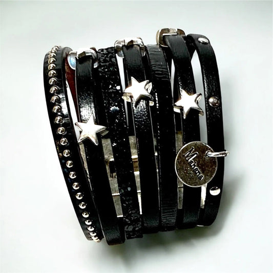 Manchette multi liens en cuir noir  "Lucky Stars"