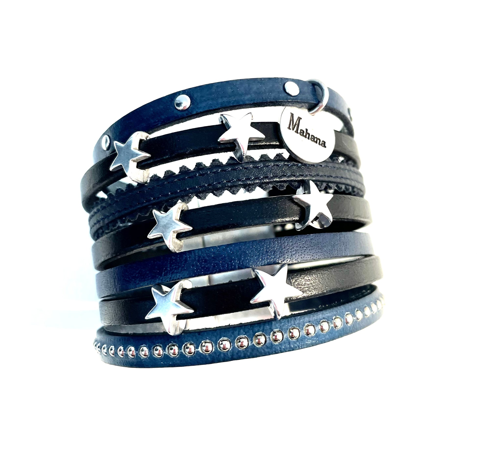 Manchette en cuir Stars "Blue Jean" - Mahana Bijoux 