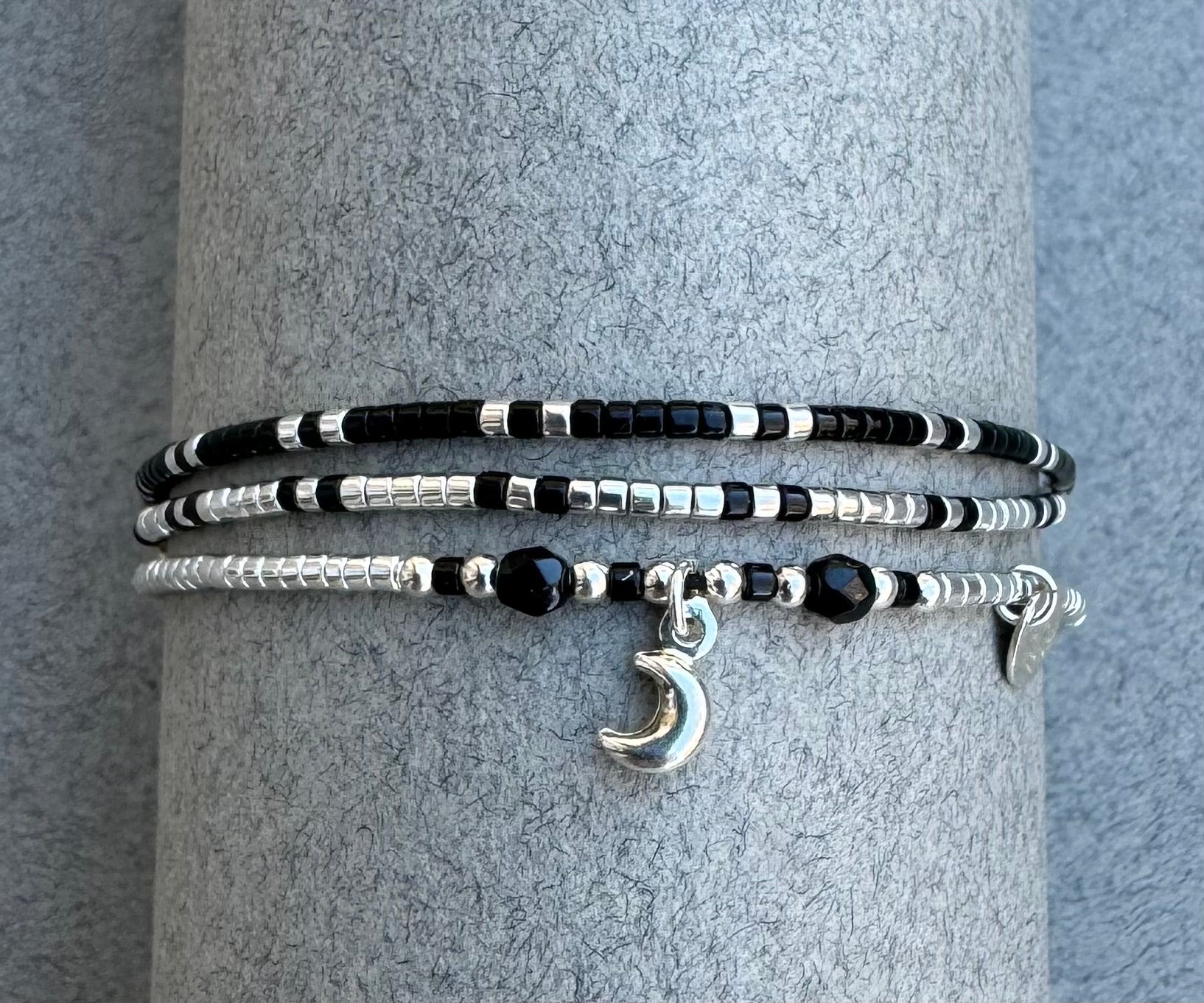 Bracelet 3 rangs noir et argent 925 “Luna I ” - Mahana Bijoux 