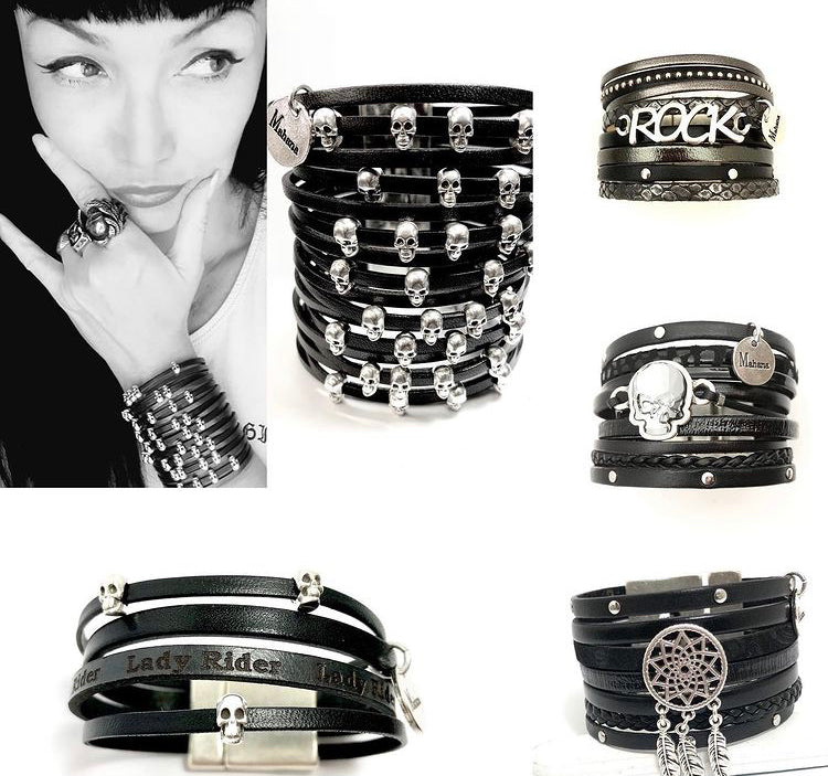 Manchette en cuir noir Skull  Lisbonne - Mahana Bijoux 