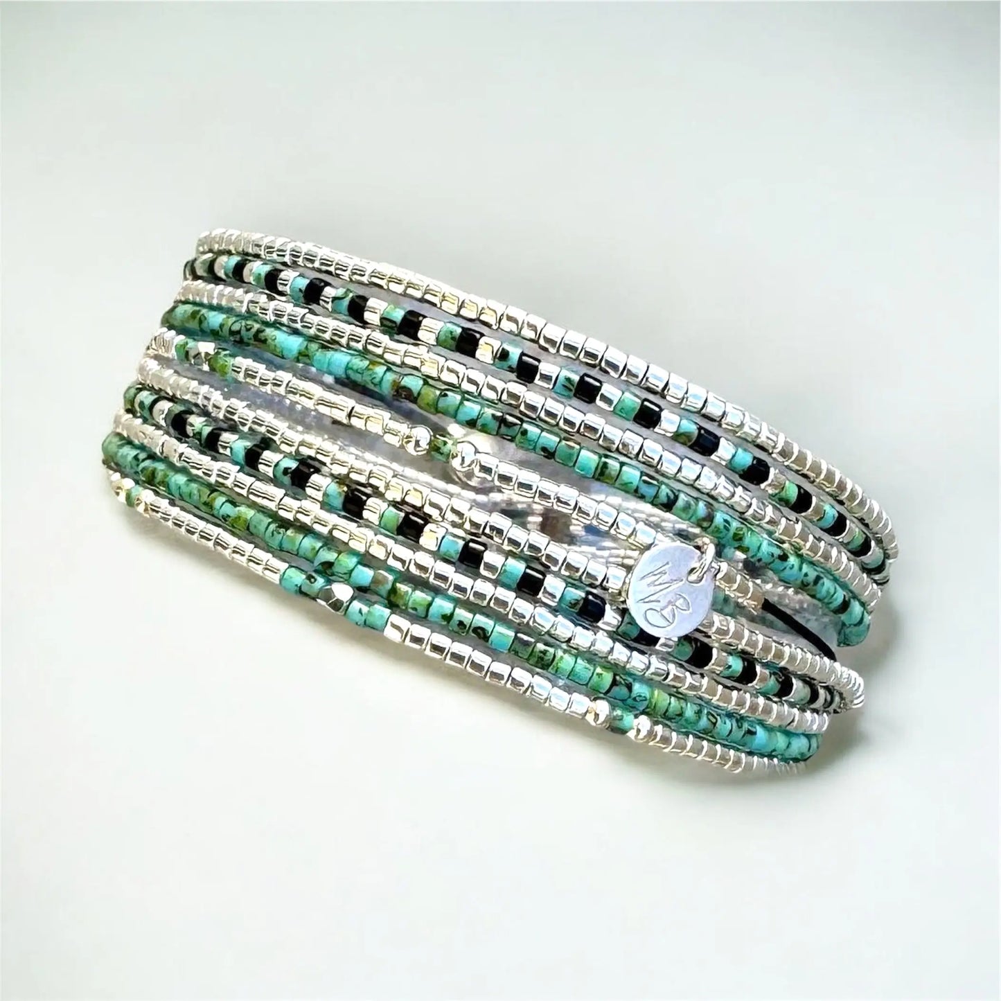 Manchette multi tours en argent -Turquoise-Noir “Le Milos”